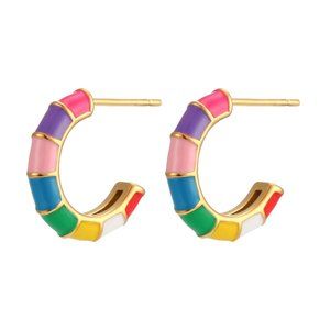 Multi Color Enamel Bamboo C Shape Hoop Huggie Earrings 18K Gold Plated Stainless